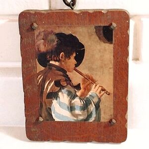HENDRICK TERBRUGGHEN BOY PLAYING FLUTE MID-CENTURY PRINT ON WOODEN PLAQUE